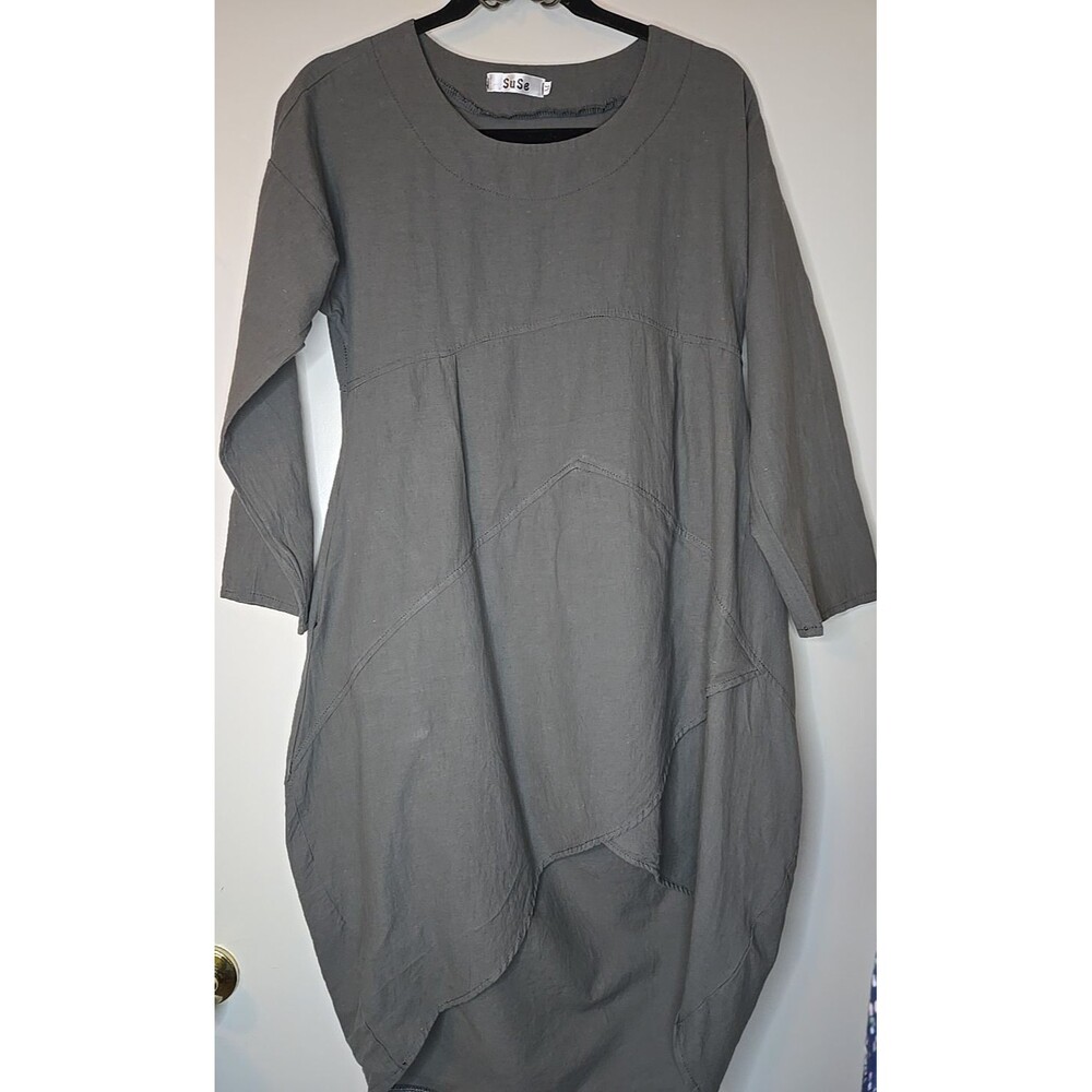SuSe Grey Cotton Linen Lagenlook Cocoon Dress Asymmetric Hem Pockets Medium M